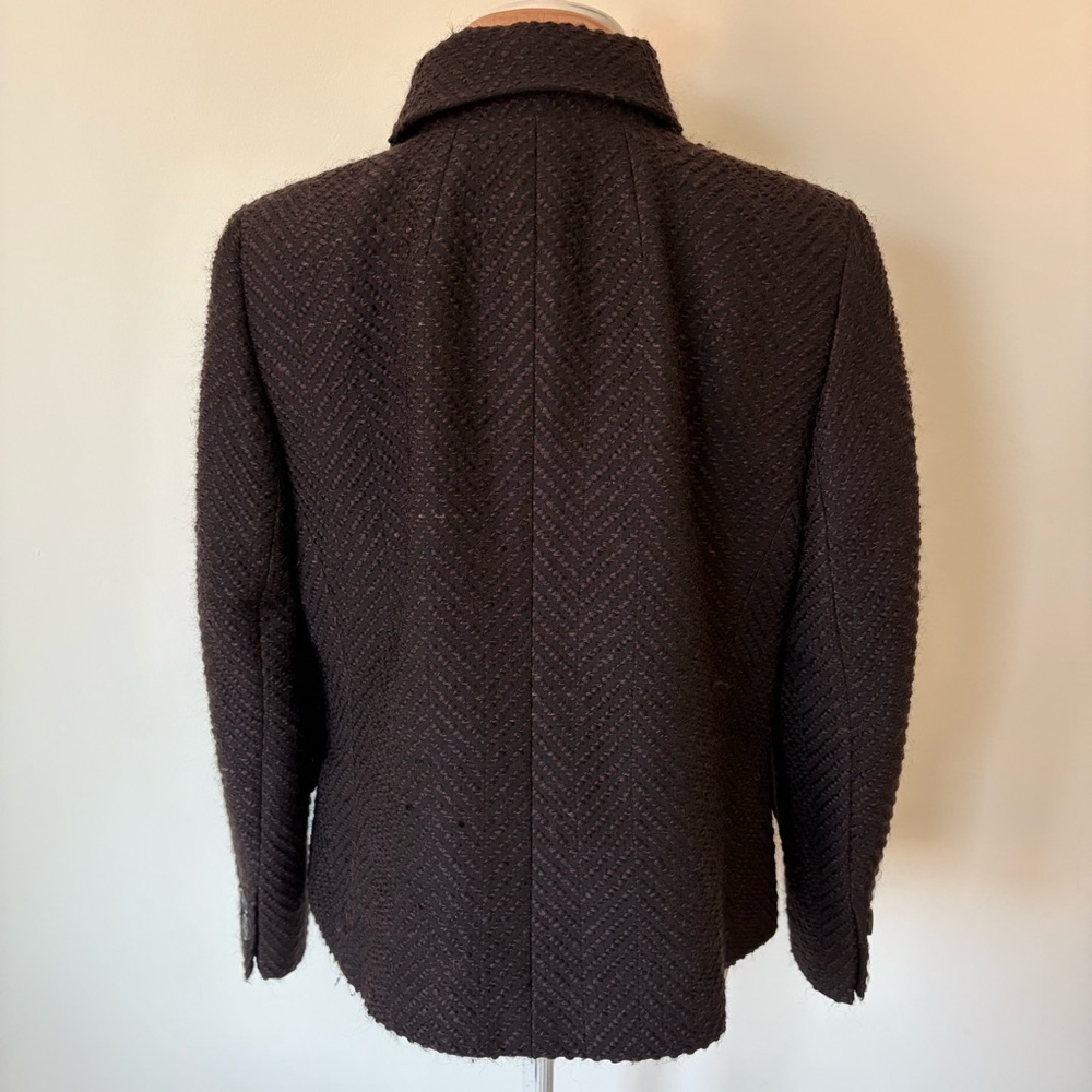 Akris Wool Blend Herringbone Woven Brown Hidden Button Placket Jacket Size US 12 - Picture 4 of 13
